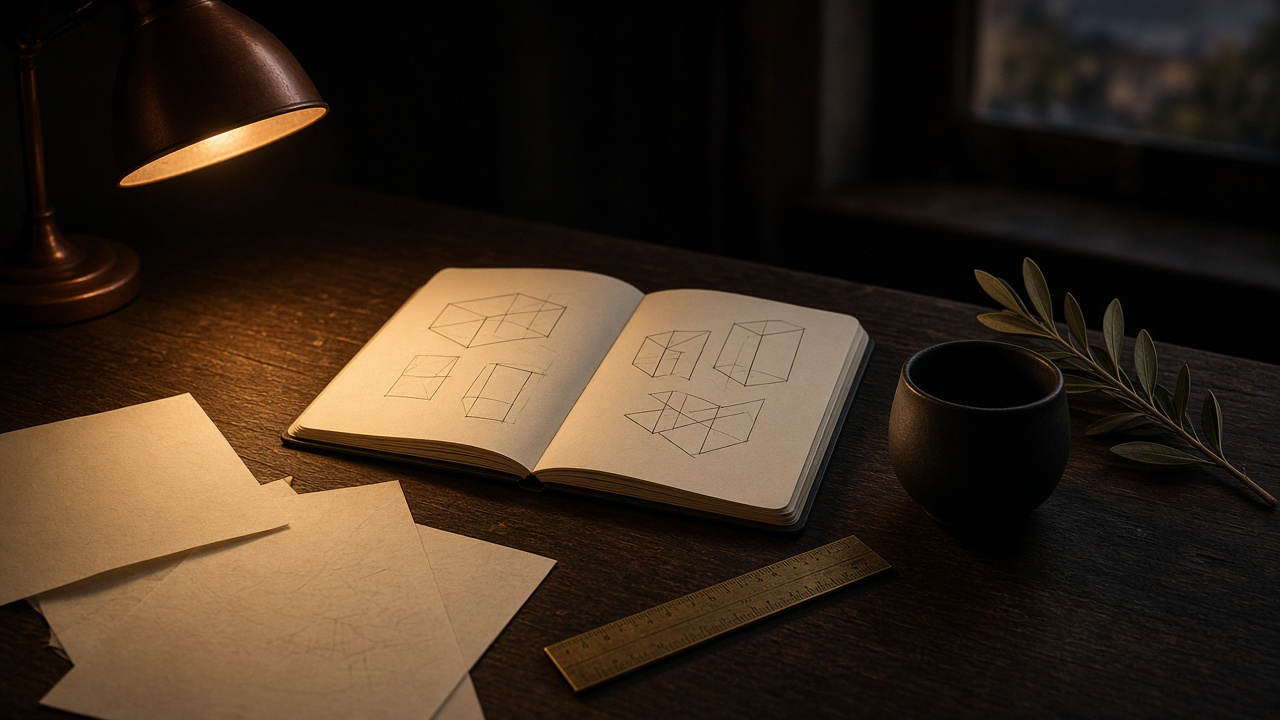 A lamp-lit oak desk with an open sketchbook of wireframe studies, a brass ruler, and a black cup.
