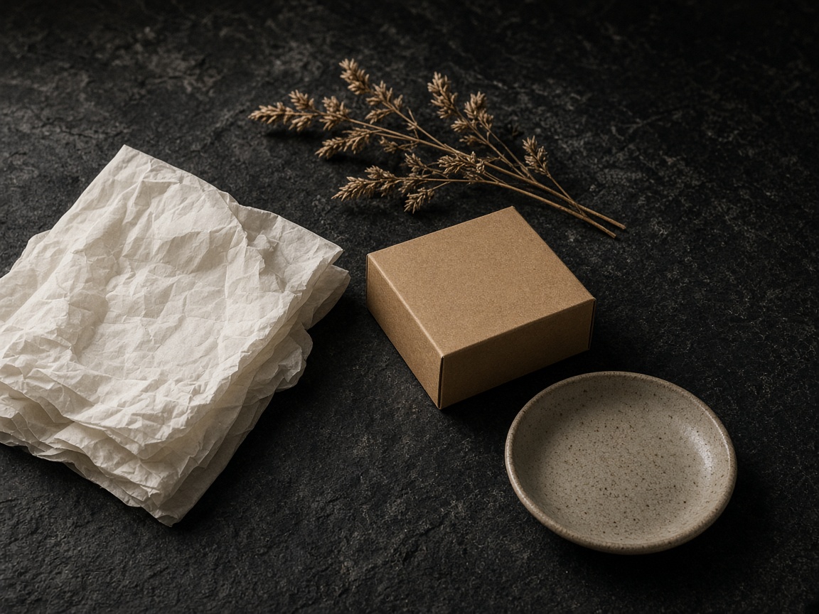 Folded tissue, a kraft box, and a ceramic dish arranged as a quiet commerce still life.