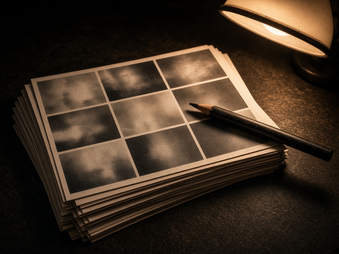 A stack of abstract contact sheets and a grease pencil on a dark table.