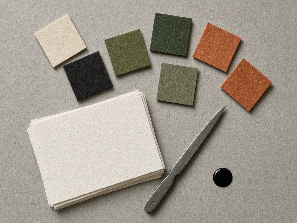 Color chips in bone, ink, moss, and copper arranged on a design table.