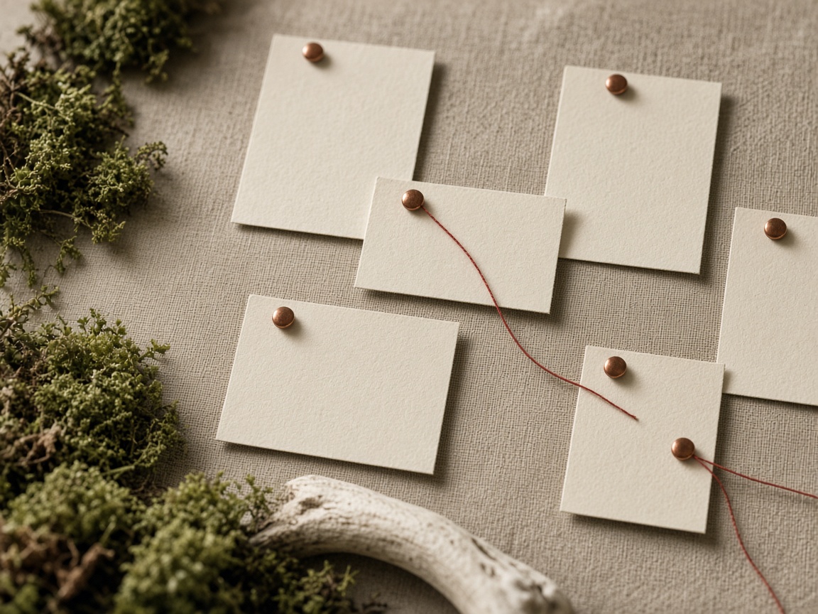 Blank cards pinned with copper pins and a thread connecting a few of them.