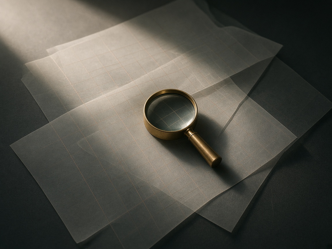 A brass magnifying glass resting on layered translucent sheets marked with a fine grid.