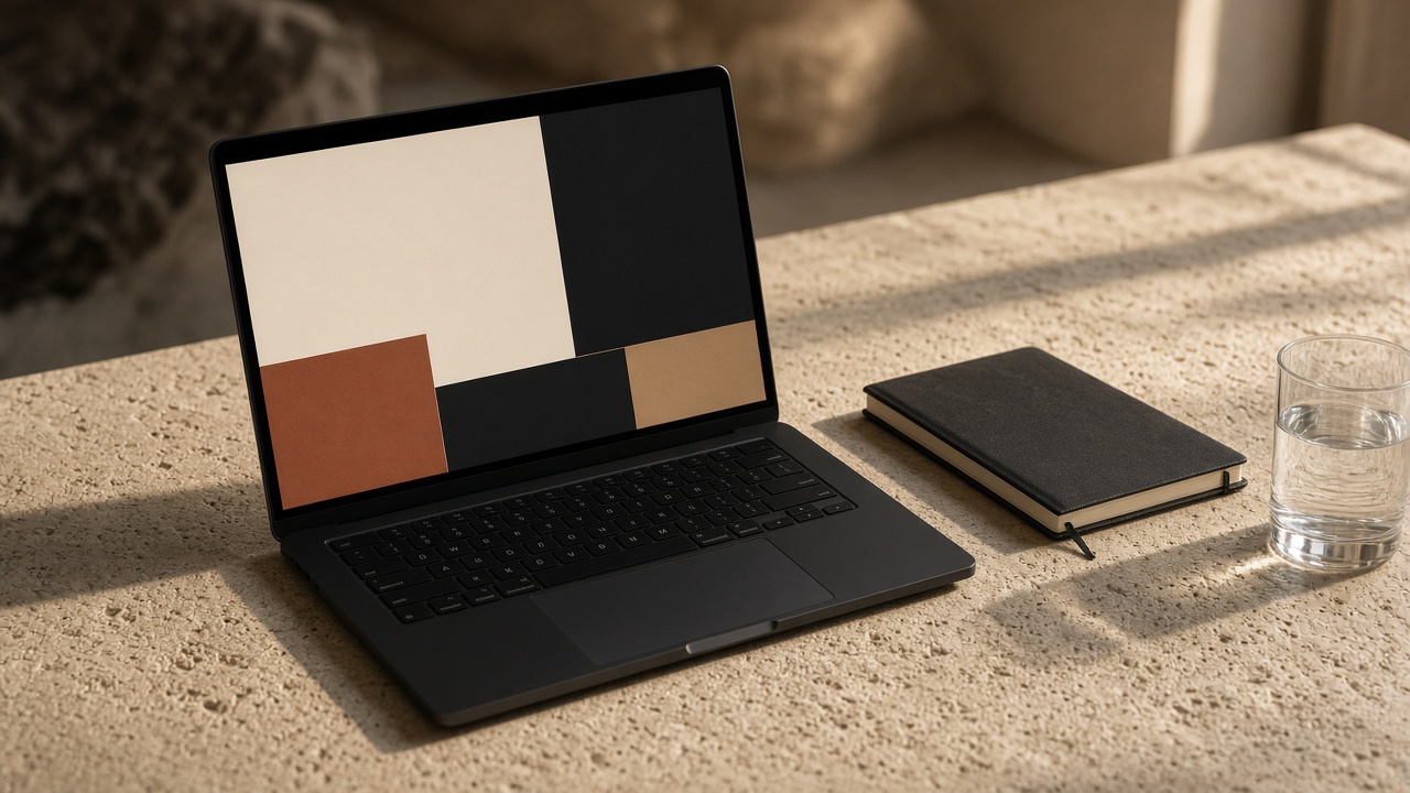 A laptop on limestone showing an abstract layout in cream, ink, and copper.