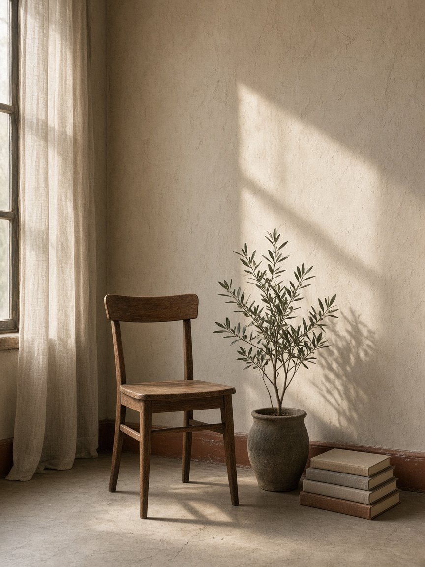 A quiet studio corner with a wooden chair, olive plant, and stacked books.